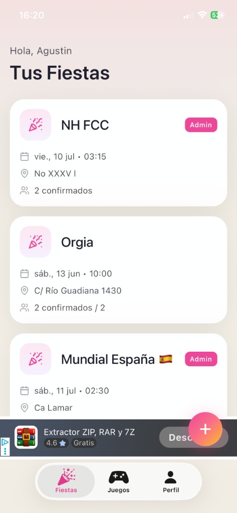 PartFri. App iOS/Android para organizar fiestas: invitados, compras colaborativas, Spotify y juegos.